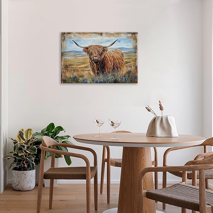 Olivine Highland Cow Wall Art, Rustic Farmhouse Cow Pictures Wall Decor, Country Painting Canvas Prints, Framed Artwork for Bathroom Bedroom Living Room Office Home Decoration 24"x16"