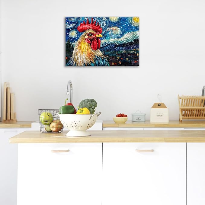 Olivine Rooster Wall Art, Vintage Chicken Pictures Wall Decor, Starry Night Painting Farmhouse Rooster Canvas Prints, Framed Artwork for Bathroom Bedroom Living Room Office Home Decoration 24"x16"