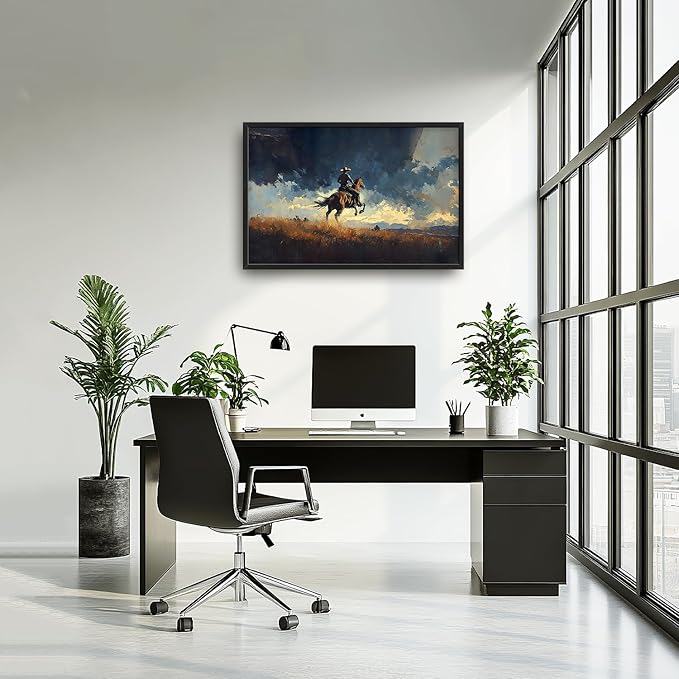 SweetFox Extra Large Western Cowboy Framed Wall Art for Living Room, Cowboy on Horseback Pictures Oversized Wall Decor Abstract Canvas Painting Print Artworks for Bathroom Master Bedroom 36L X 24W