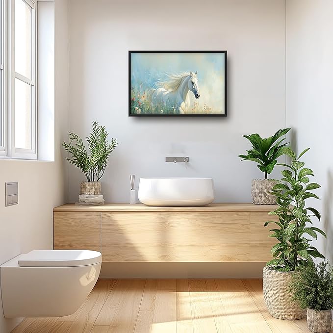 SweetFox Extra Large White Horse Framed Wall Art for Living Room, Horse Wildflower Pictures Oversized Wall Decor Abstract Big Canvas Painting Print Artworks for Bathroom Master Bedroom 36L X 24W