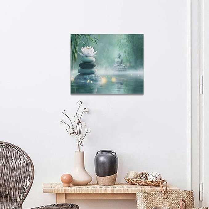 Olivine Zen Decor Wall Art, Lotus Pictures Wall Decor, Stones Flower Bloom Canvas Prints Painting, Framed Artwork for Meditation Bathroom Bedroom Living Room Office Home Decoration 20"x16"