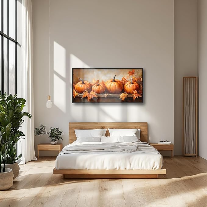 Fall Pumpkins Wall Art Autumn Pictures Wall Decor Festive Large Master Over Above Bed Canvas Prints Autumn Leaves Horizontal Modern Artwork Painting Home Office Decoration For Kitchen Bedroom 30"x60"