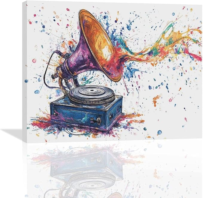 Fleruku Watercolor Phonograph Wall Art Colorful Phonograph Wall Decor Pictures Canvas Painting Artwork Home Decorations for Living Room Bedroom Bathroom Office Nursery Classroom 20"x16"