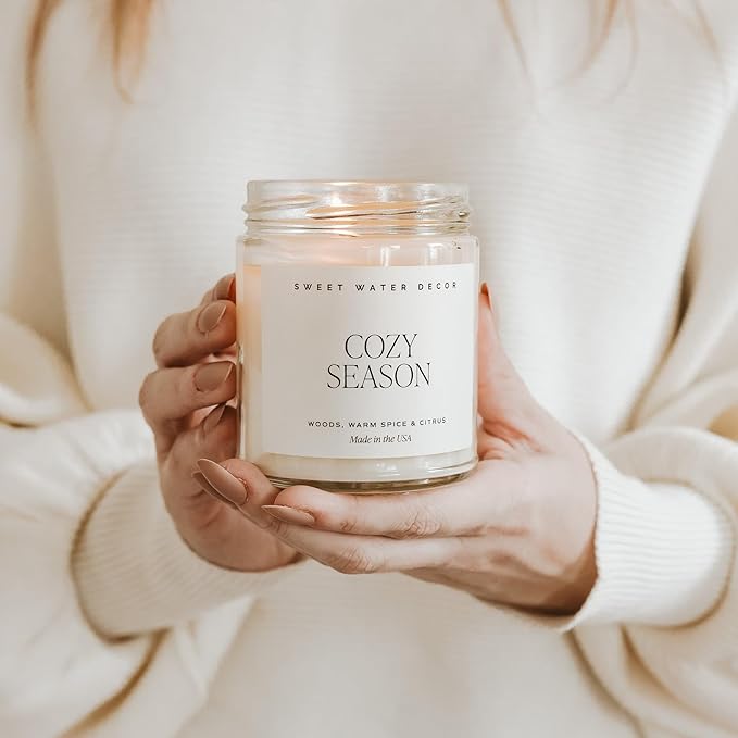 Sweet Water Decor Cozy Season Soy Candles - Fall Candles with Woods, Warm Spice, and Citrus Scent for Home Decor - Soy Candle with 40 Hours Burn Time - 9Oz Gold Lid Clear Jar Candles Fall Scents
