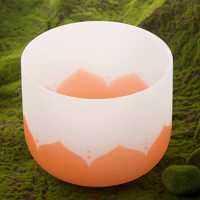 Leize Quartz Crystal Singing Bowl 432hz D Note Sacral Chakra Navel Chakra Orange Lotus Design 11" Wide with Suede Striker