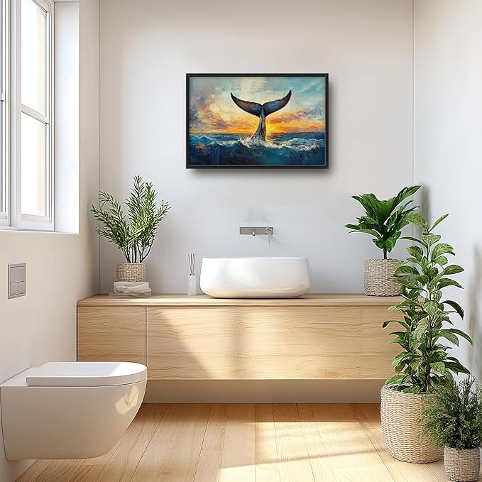 SweetFox Extra Large Whale Tail Framed Wall Art for Living Room, Coastal Ocean Whale Pictures Oversized Wall Decor Abstract Big Canvas Painting Print Artworks for Bathroom Master Bedroom 36L X 24W