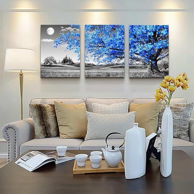 DZRWUBHS Canvas Wall Art For Living Room Modern Decor For Office Black And White Blue Tree Wall Painting Scenery Home Decor Prints Art 16" X 24" 3 Piece