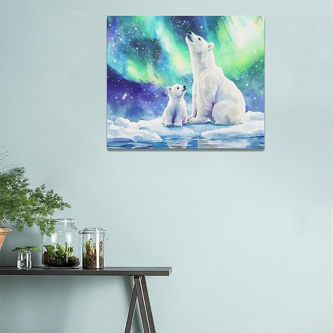 Olivine Polar Bear Wall Art, Northern Lights Pictures Wall Decor,Watercolor Polar Landscape Canvas Prints Paintings, Framed Artwork for Bathroom Bedroom Living Room Office Home Decoration 24"x20"