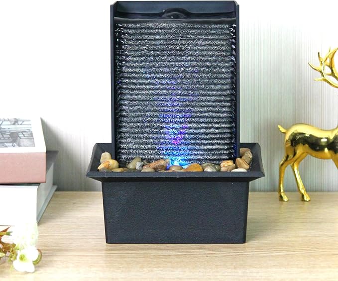Small Indoor Relaxation Tabletop Fountain, Zen Meditation Waterfall Feature with Color LED Light & Natural Rocks, 4 Level Desk Waterfall for Home Office Bedroom Living Room Decoration (Style 2)