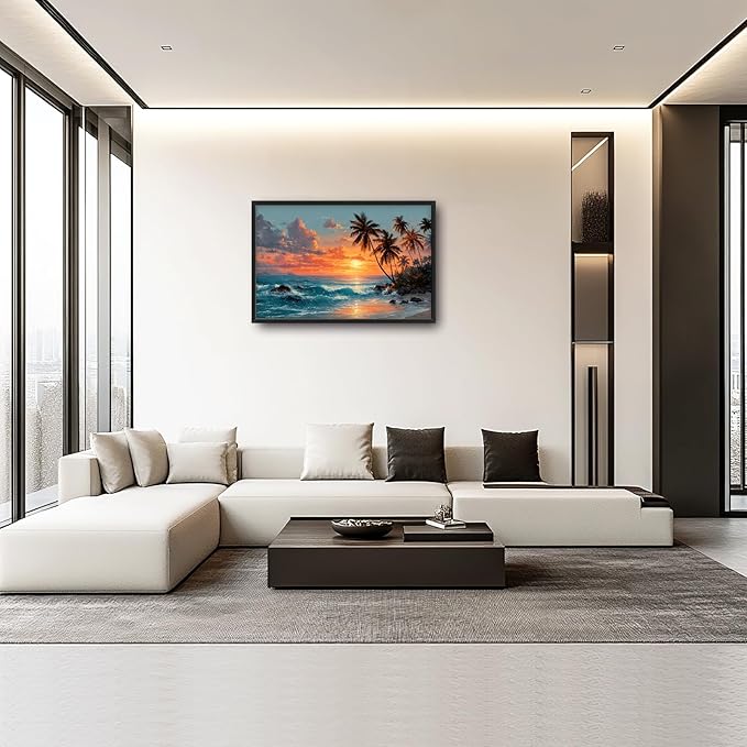 Glocmna Large Wall Art for Living Room Beach Sunset Ocean Waves Wall Decor Tropical Coastal Palm Trees Scenery Canvas Big Seascape Pictures Painting Print Framed Artwork Decorations Gifts for Bedroom Home Office Hotel 24"x36"