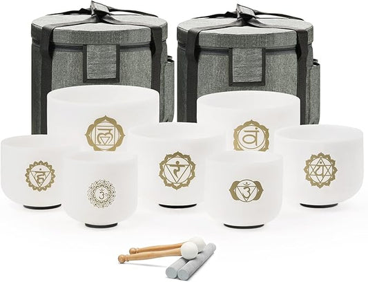 432HZ 8-14 Inch Chakra Symbol Design Frosted Quartz Crystal Singing Bowl Set of 7 PCS with Grey Bags for Sound Healing and Meditation