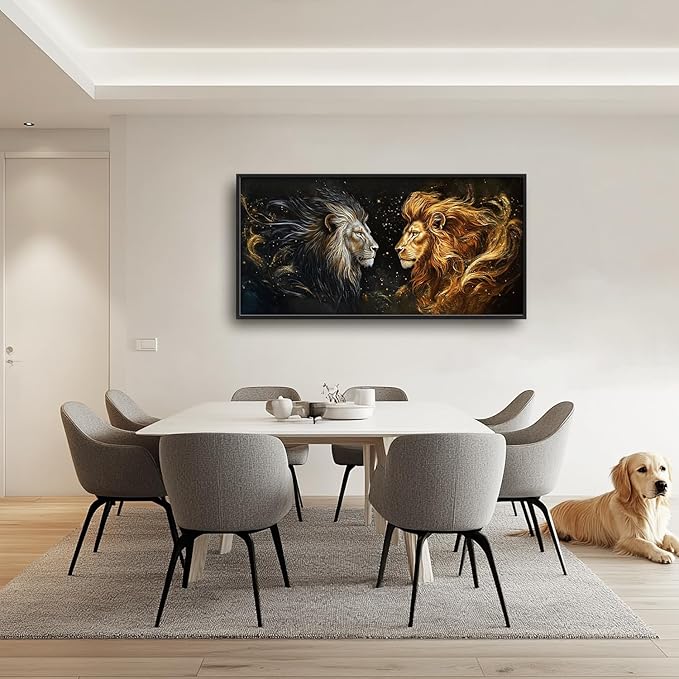 SweetFox Extra Large Lion King Framed Wall Art for Living Room, Lion and Golden Lioness Pictures Oversized Wall Decor Abstract Canvas Painting Print Artworks for Bathroom Master Bedroom 60L X 30W