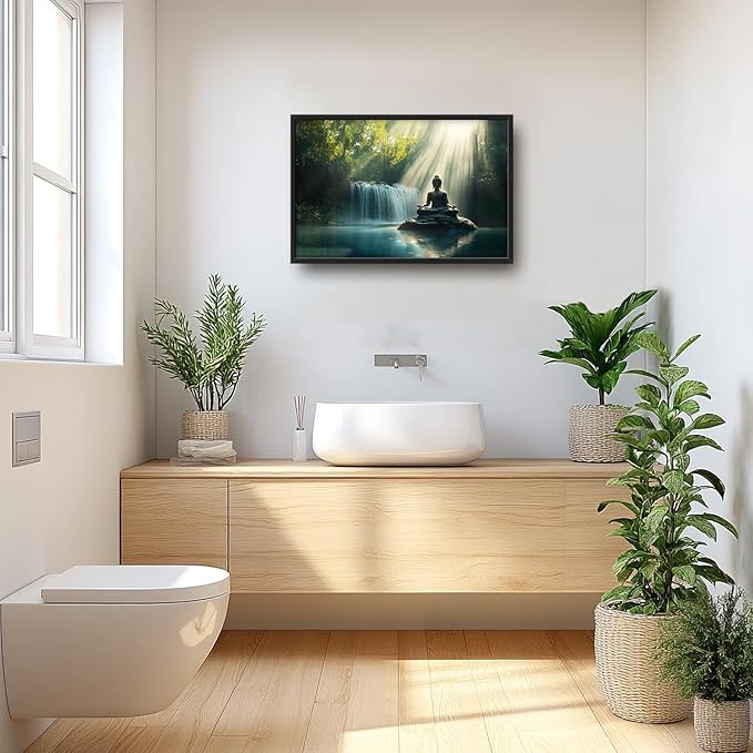 SweetFox Extra Large Buddha Framed Wall Art for Living Room, Zen Buddha Statue Pictures Oversized Wall Decor Forest Waterfall Big Canvas Painting Print Artwork for Bathroom Master Bedroom 36L X 24W