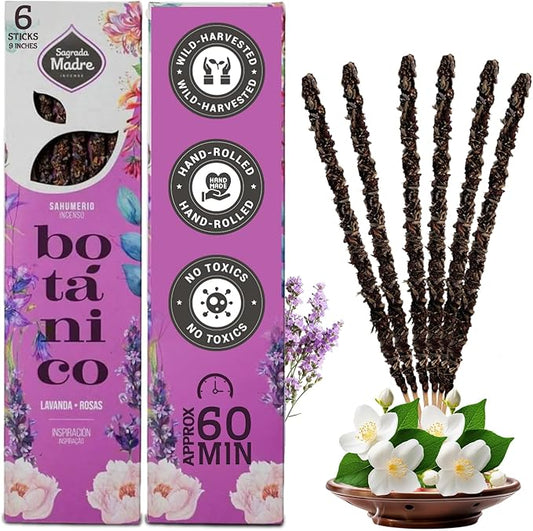 Roses Lavender Incense Sticks by Sagrada Madre - 6 Extra-Long Thick Rod with Lavender, Fruit Base & Natural Oil - Rose Incense Sticks for Relaxation, Good Fortune & Gratitude - 1 Hour Burn Time