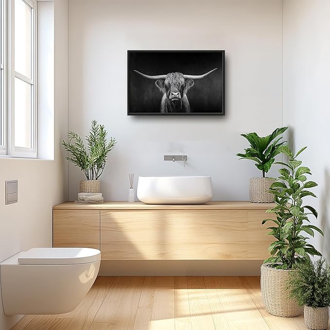 SweetFox Extra Large Highland Cow Framed Wall Art for Living Room, Black and White Longhorn Cattle Pictures Oversized Wall Decor Abstract Canvas Painting Print Artwork for Bathroom Bedroom 36L X 24W