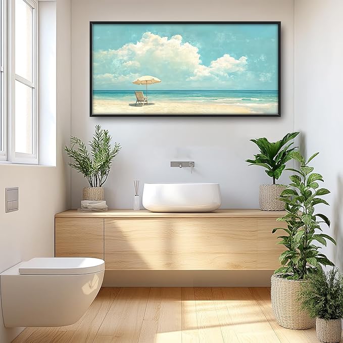 SweetFox Extra Large Coastal Beach Framed Wall Art for Living Room, Ocean Landscape Pictures Oversized Wall Decor Abstract Big Canvas Painting Print Artworks for Bathroom Master Bedroom 60L X 30W