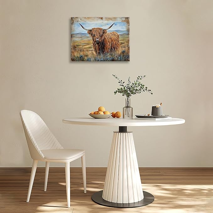 Olivine Highland Cow Wall Art, Rustic Farmhouse Cow Pictures Wall Decor, Country Painting Canvas Prints, Framed Artwork for Bathroom Bedroom Living Room Office Home Decoration 24"x20"