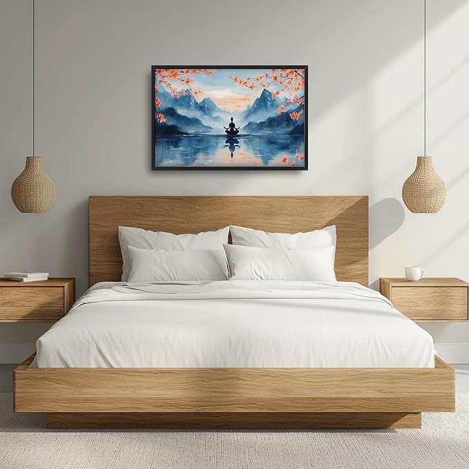 Zen Large Wall Art Buddha Lake Pictures Wall Decor Cherry Blossom Canvas Landscape Meditation Print Painting Modern Artwork Home Decoration for Yoga Spa Living Room Bathroom Bedroom Office Framed 36"x24"