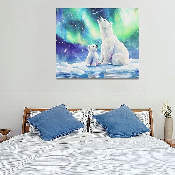 Olivine Polar Bear Wall Art, Northern Lights Pictures Wall Decor,Watercolor Polar Landscape Canvas Prints Paintings, Framed Artwork for Bathroom Bedroom Living Room Office Home Decoration 24"x20"
