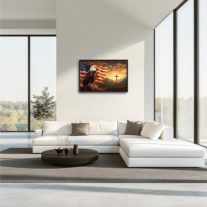 Framed Large Wall Art for Living Room, Bald Eagle American Flag Canvas Wall Decor, Large Christian Cross Picture Framed Painting, Modern Artwork for Bedroom Office 36L'' × 24W''