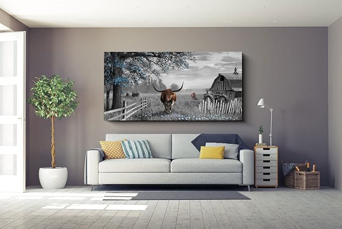Yiijeah Large Country Wall Art - Brown Cow Blue Tree Pictures Farmhouse Wall Decorations for Living Room Rustic Wall Decor Above Bed