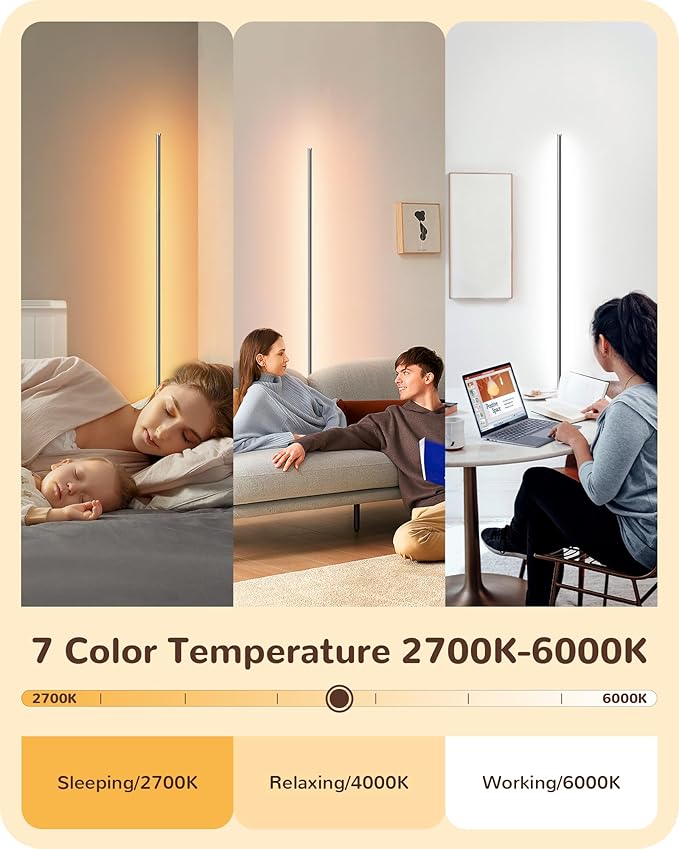 EDISHINE LED Corner Floor Lamp, Minimalist Dimmable Light with Remote, 57.5 Inches Tall Floor Lamps for Living Room, Bedroom, Home Office, 7 Color Temperature 2700-6000K (Silver)