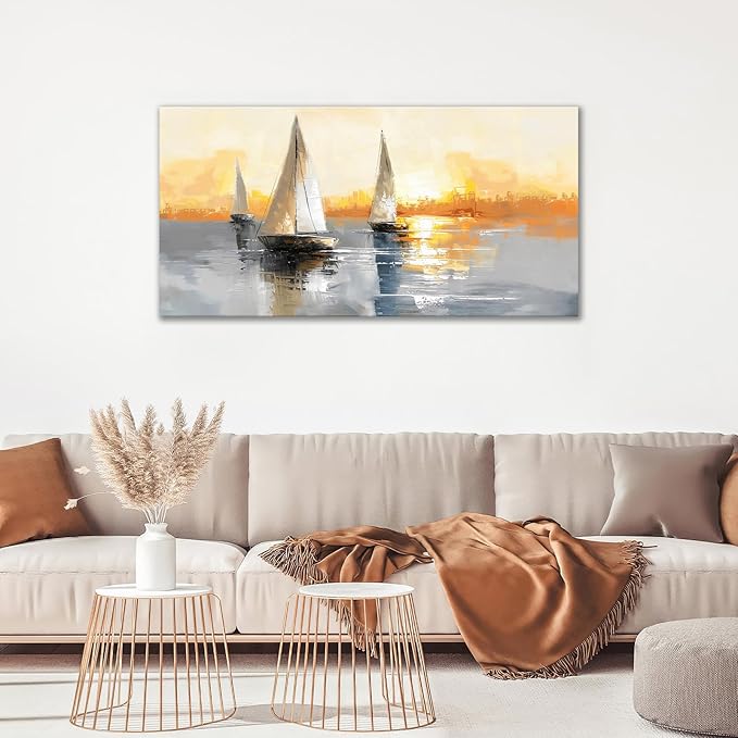 Large Sailboat Wall Art Nautical Boat Pictures Wall Decor Abstract Coastal Canvas Prints Painting Modern Framed Artwork for Bedroom Living Room Dining Room Bathroom Office 60"x30"