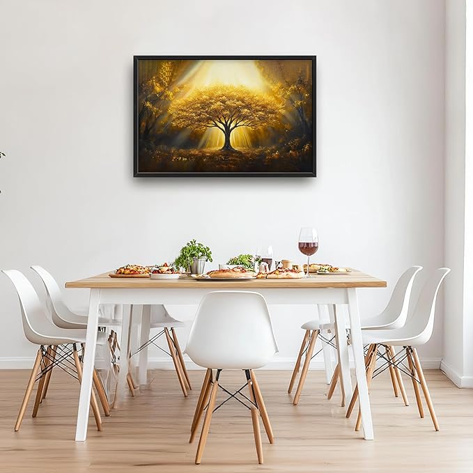 SweetFox Extra Large Tree of Life Framed Wall Art for Living Room, Golden Tree Forest Pictures Oversized Wall Decor Abstract Canvas Painting Print Artwork for Bathroom Master Bedroom 36L X 24W