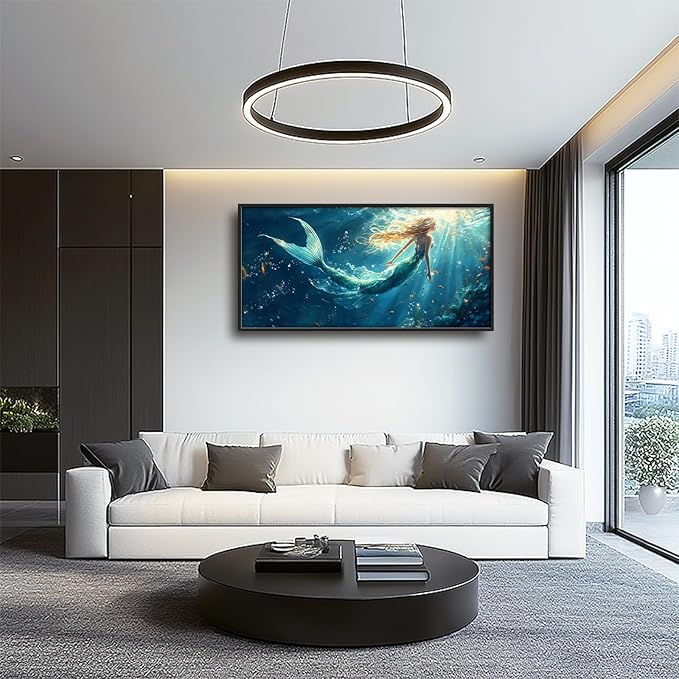 Framed Large Wall Art for Living Room, Beach Mermaid Canvas Wall Decor, Large Ocean Picture Framed Painting, Modern Artwork for Bedroom Office 60L'' × 30W''