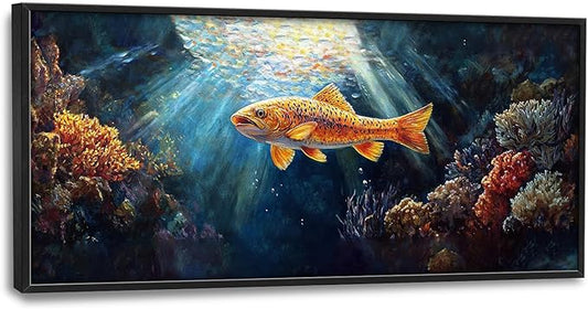 SweetFox Extra Large Ocean Fish Framed Wall Art for Living Room, Coastal Sea Fishing Pictures Oversized Wall Decor Abstract Big Canvas Painting Print Artworks for Bathroom Master Bedroom 60L X 30W