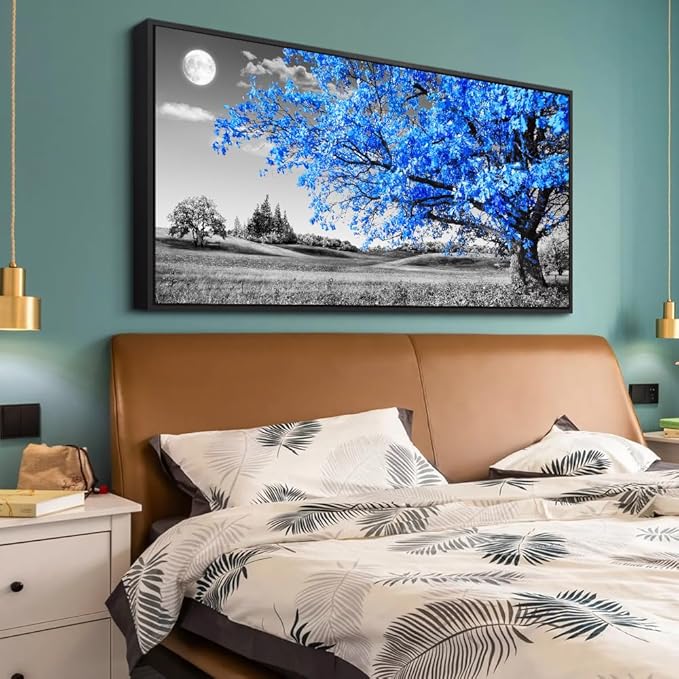 Framed Canvas Wall Art For Living Room Large Size Wall Decor For Bedroom Black And White Wall Pictures Blue Moon Tree Scenery Wall Painting Office Decor Room Home Decoration Black Framed 30" X 60"