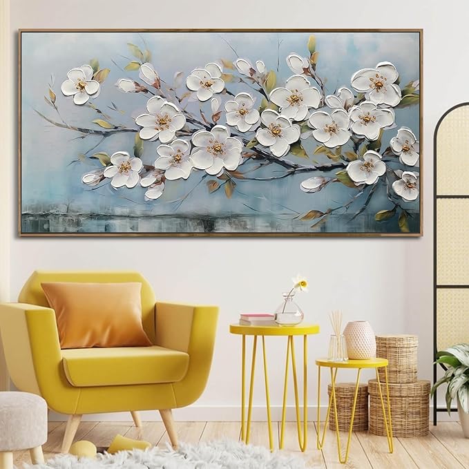 Anolyfi Large White Textured Flowers Wall Art for Living Room Canvas Painting, Modern Elegant Landscape Artwork for Bedroom Hallway Kitchen Office Home Decor, Wood Framed 48"x24"