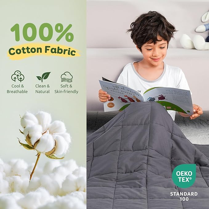 Sivio Weighted Blanket - All-Natural 100% Cotton Weighted Blanket 7 lbs 41 x 60 inches, Breathable Cooling Soft Cotton Throw Blanket for Calm Sleeping for Home and School Nap, Dark Grey
