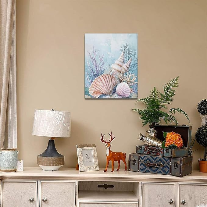 Fleruku Beach Coral Shells Wall Art Nautical Sea Wall Decor Ocean Pictures Canvas Painting Artwork Home Decorations for Living Room Bedroom Bathroom Office Nursery 16"x20"