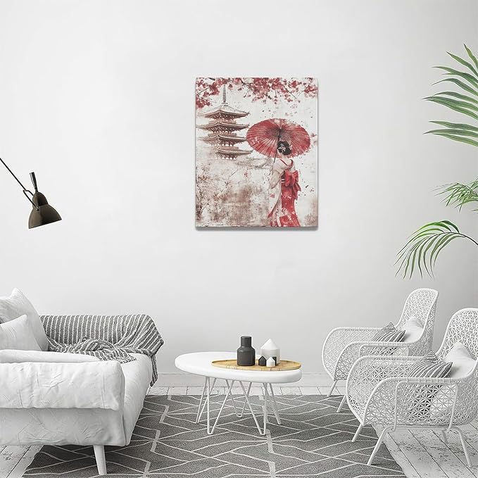 Japan Wall Art Japanese Geisha Wall Decor Cherry Blossoms Farmhouse Japan Pictures Canvas Painting Artwork Home Decorations for Living Room Bedroom Bathroom Office Classroom 16"x20"