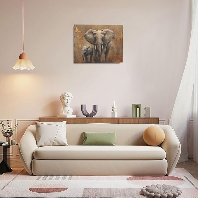 Elephant Wall Art African Animal Pictures Elephant Family Canvas Painting Decoration Artwork Framed Wall Decor Gifts for Women Girl Living Room Kids Bedroom 16"x20"