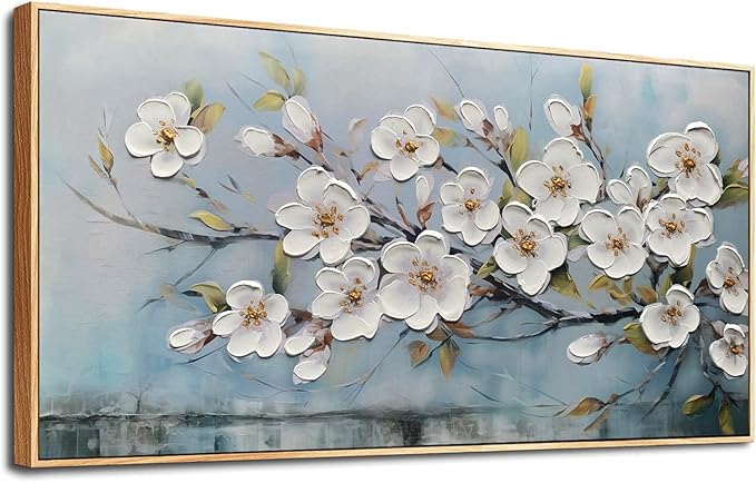Anolyfi Large White Textured Flowers Wall Art for Living Room Canvas Painting, Modern Elegant Landscape Artwork for Bedroom Hallway Kitchen Office Home Decor, Wood Framed 40"x20"