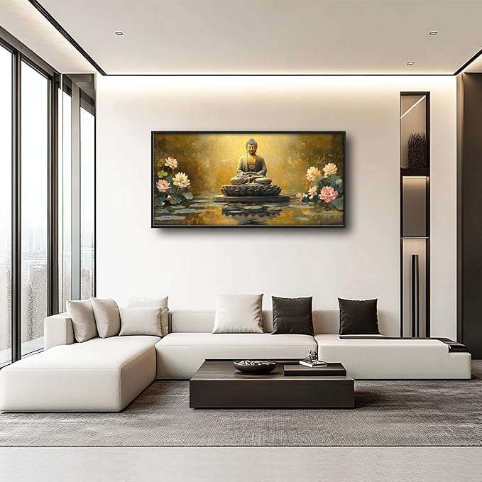 Buddha Large Wall Art Golden Buddhist Pictures Wall Decor Zen Lotus Big Canvas Painting Prints Framed Artwork Home Decorations Above Bed for Bedroom Living Room Dining Room Bathroom 60"x30"