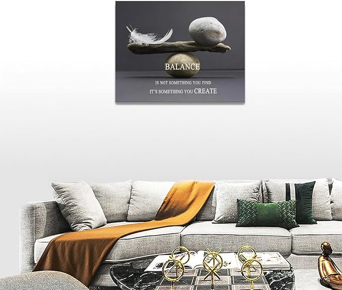 Zen Stone Wall Art Meditation Spiritual Wall Decor Inspirational Balance Feather Pictures Canvas Prints Framed Home Decorations Painting Artwork for Living Room Bedroom Office Bathroom 16"x12"
