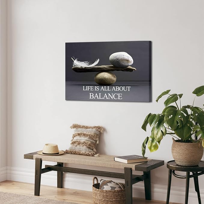 Biuteawal Motivational Wall Art Zen Canvas Print Black White Balance Stones with Feather Picture Painting Inspirational Quote Artwork Framed Home Office Classroom Bedroom Decor Ready to Hang