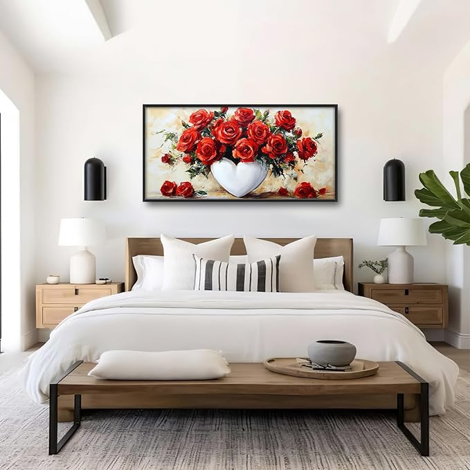 Rose Wall Art Red Flower Pictures Wall Decor Romantic Roses Large Master Over Above Bed Canvas Red Roses Prints Horizontal Modern Artwork Painting Home Office Decorations For Kitchen Bedroom 30"x60"