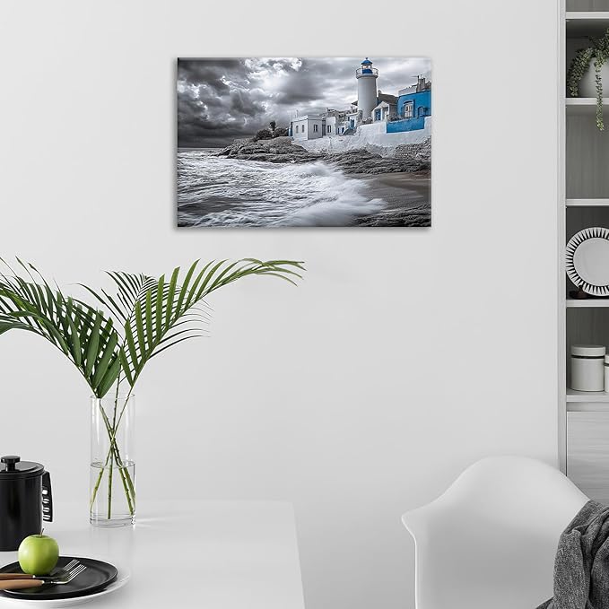 Olivine Beach Wall Art, Coastal Lighthouse Pictures Wall Decor, Black And White Painting, Nautical Canvas Prints, Framed Artwork for Bathroom Bedroom Living Room Office Home Decoration 24"x16"