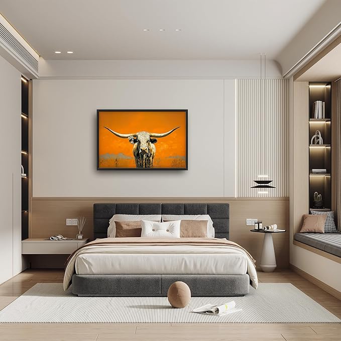 SweetFox Extra Large Western Longhorn Steer Framed Wall Art for Living Room, Farmhouse Cow Pictures Oversized Wall Decor Abstract Canvas Painting Print Artworks for Bathroom Master Bedroom 36L X 24W