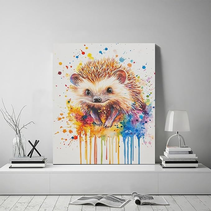 Fleruku Watercolor Hedgehog Wall Art Colorful Hedgehog Wall Decor Cute Animal Pictures Canvas Painting Artwork Home Decorations for Living Room Bedroom Bathroom Office Nursery Classroom 20"x24"