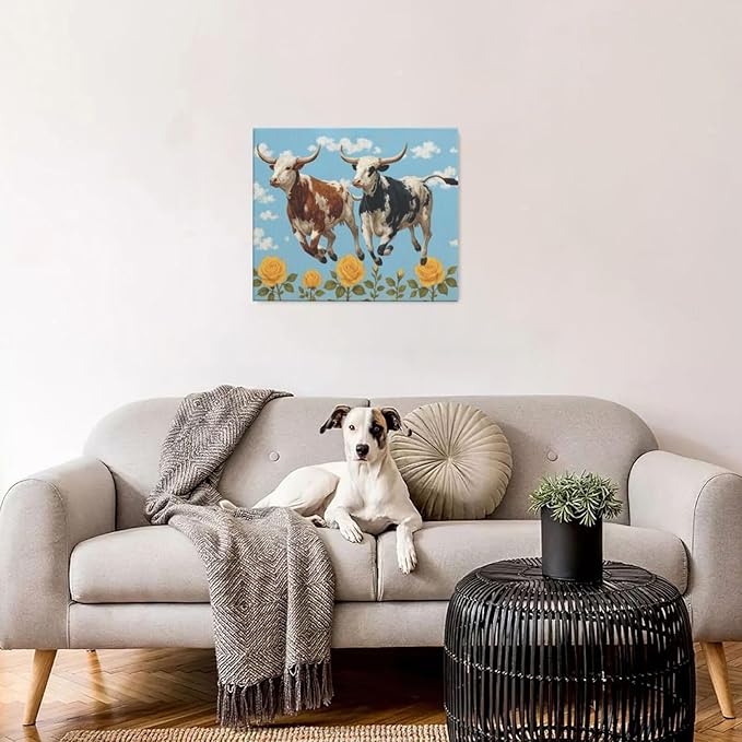 Longhorn Wall Decor Funny Cow Canvas Wall Art Cute Cattle Pictures Painting Artwork Framed Decoration for Bedroom Bathroom Living Room Kitchen Dining Room Office 20"x24"