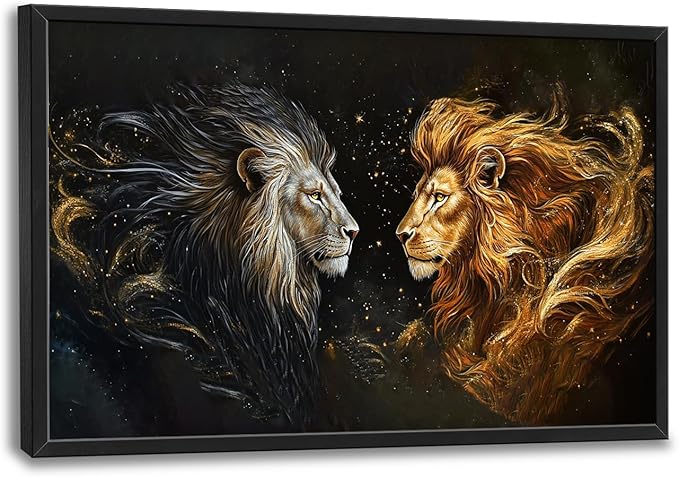 SweetFox Extra Large Lion King Framed Wall Art for Living Room, Lion and Golden Lioness Pictures Oversized Wall Decor Abstract Canvas Painting Print Artworks for Bathroom Master Bedroom 36L X 24W