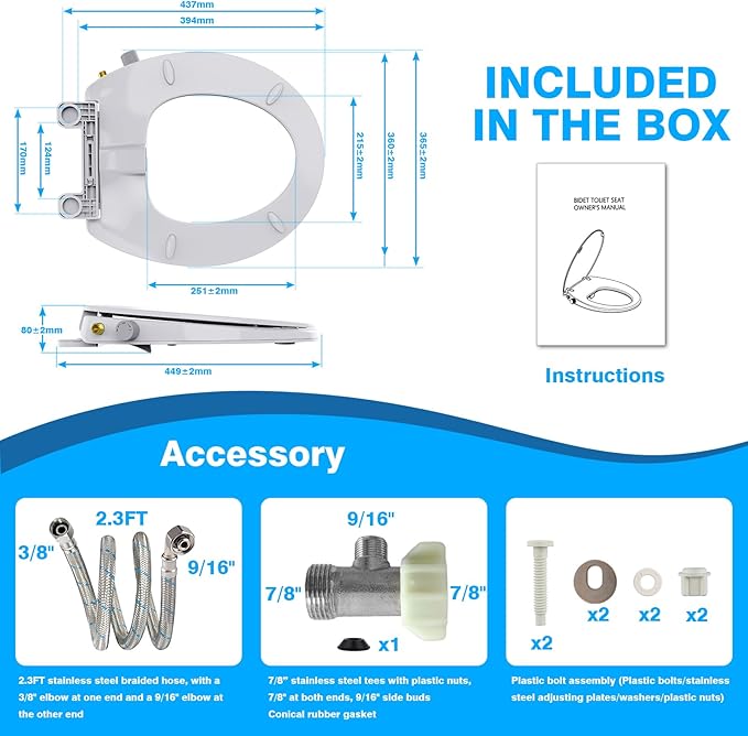 Non-Electric Elongated Bidet Toilet Seat with Dual Nozzle - Front & Rear Wash, Quiet-Close Lid, Adjustable Pressure, Easy Installation, Hygienic Fresh Water Bidet (Round)