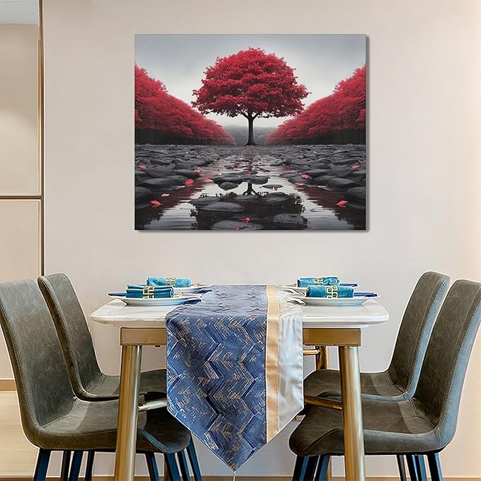 Black And Red Tree Wall Art Zen Stone Canvas Prints Pictures Large Red Tree Forest Landscape Wall Decor Modern Framed Artwork for Living Room Bedroom Office Spa Yoga 24"x20"