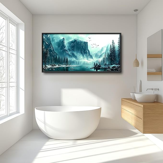 Large Mountain Lake Wall Art for Living Room, Forest Tree Canvas Wall Decor, Blue Pictures Framed Painting, Natural Landscape Artwork for Bedroom Office 60L'' × 30W''