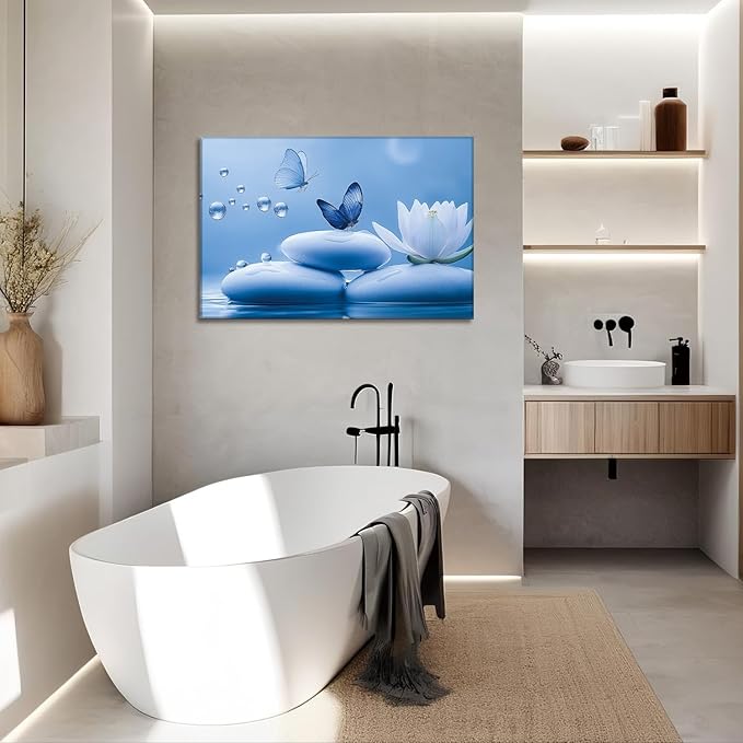 Zen Canvas Wall Art Bathroom Decor Bloom White Flower Prints Butterfly on Stone Picture Meditation Artwork for Living Room Office Yoga Spa Spiritual Room Decor Framed(Art-5,24.00x36.00 inch)